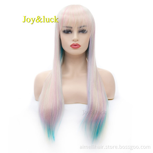 Long Straight Wig 24 inch Blonde Rainbow Colored Synthetic Wigs for Women Daily or Cosplay Wig Hair Style